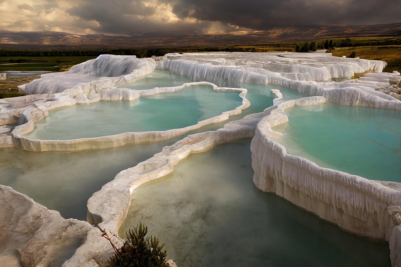Pamukkale travertine terraces with turquoise mineral pools under dramatic skies