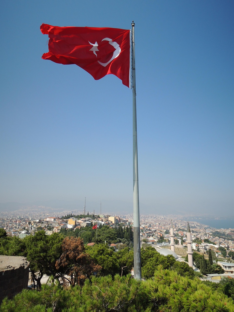 Turkish flag waving above a panoramic city skyline